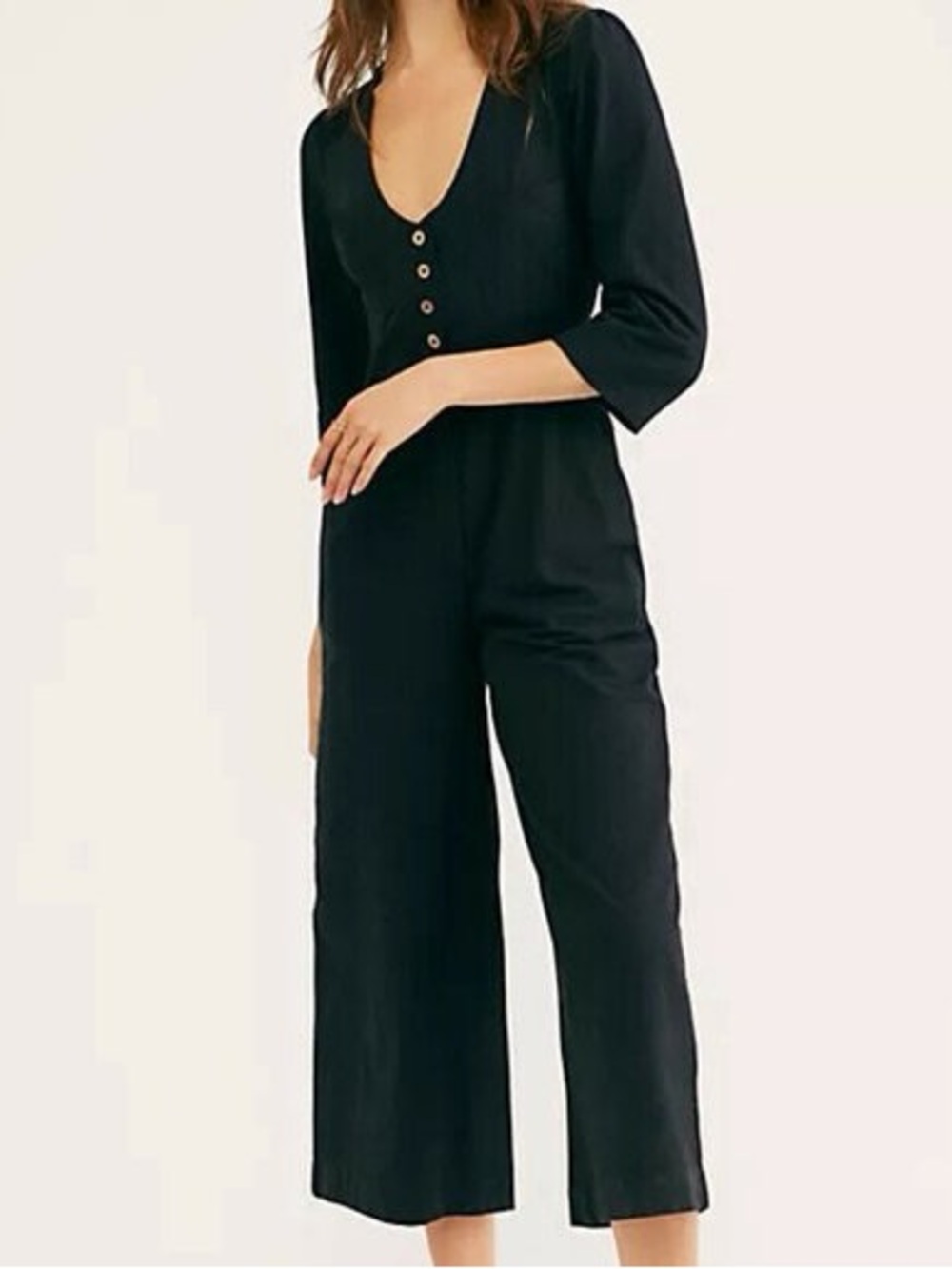 Free People Black Back into it Button-Front Wide-Leg Jumpsuit